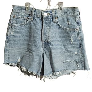 Agolde parker long shorts. Button fly fray raw hem light wash jean shorts